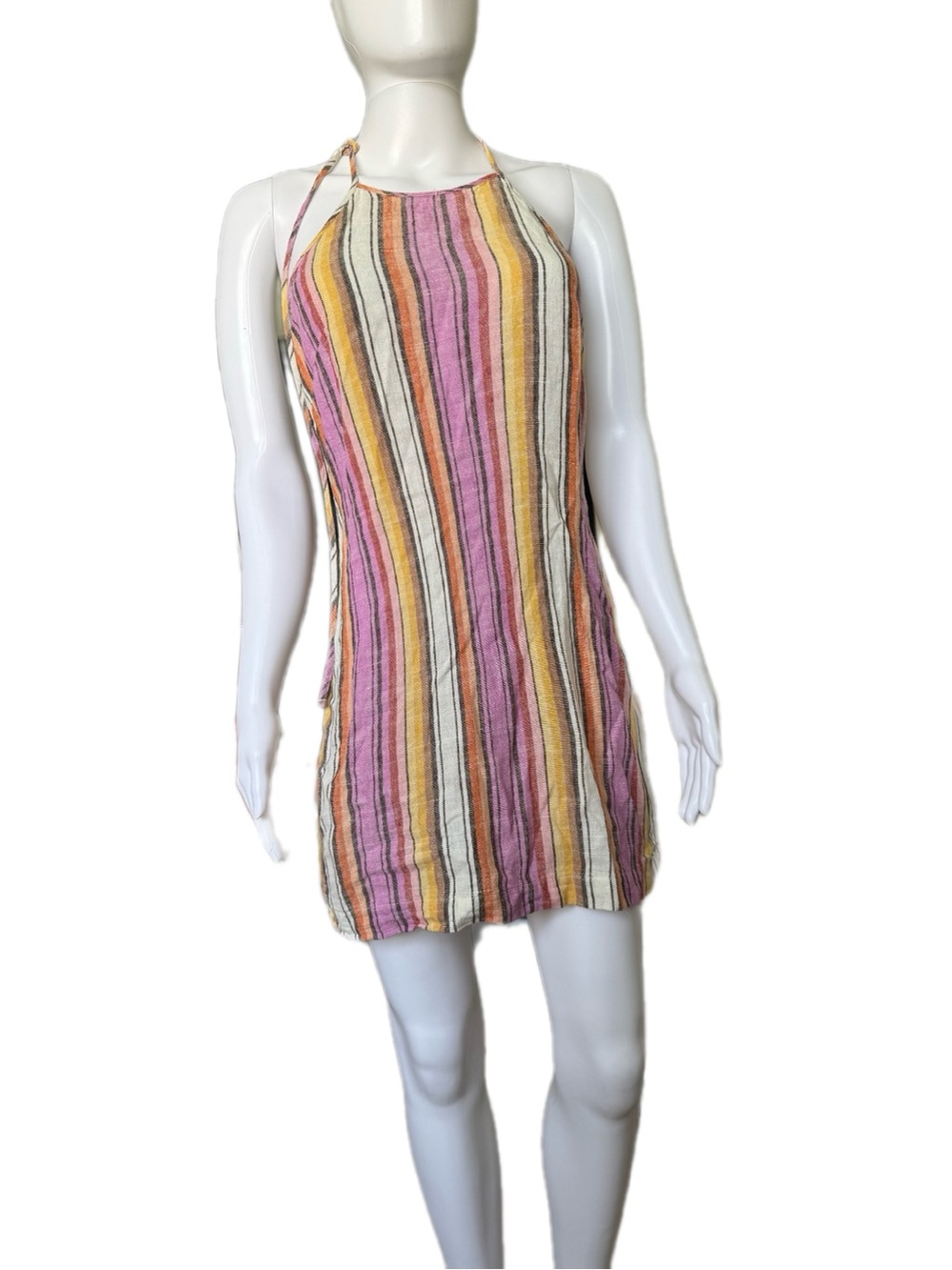 Hurley Striped Halter Mini Dress in Pink, Yellow, Cream and Brown